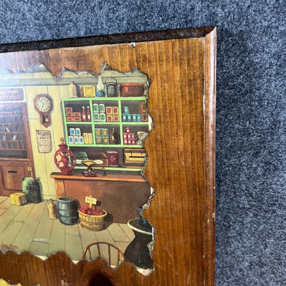 Vintage Jean Spicer Wood Plaque General Store and Kitchen Lithograph Americana